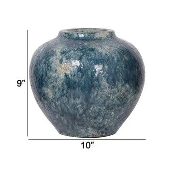 10 Inch Small Round Terracotta Vase, Subtly Curved, Textured Blue Finish By Casagear Home