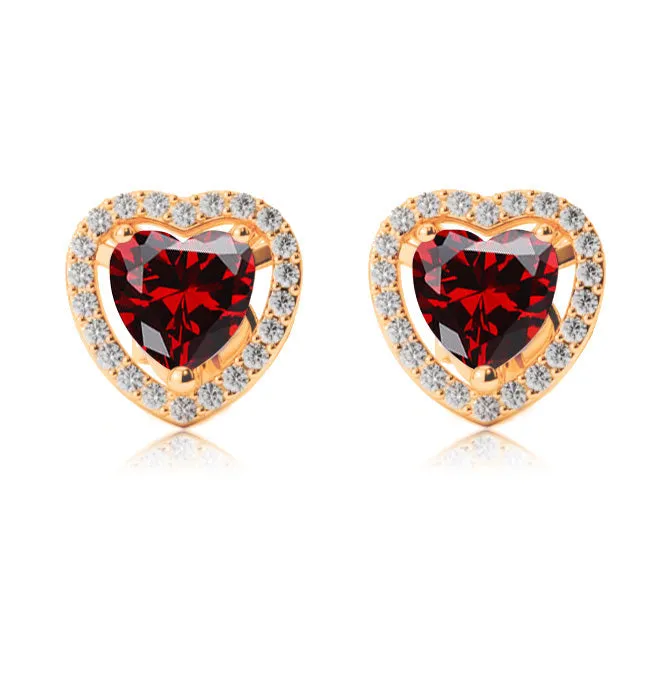 10k  White Gold Plated 1 Ct Created Halo Heart Garnet Stud Earrings