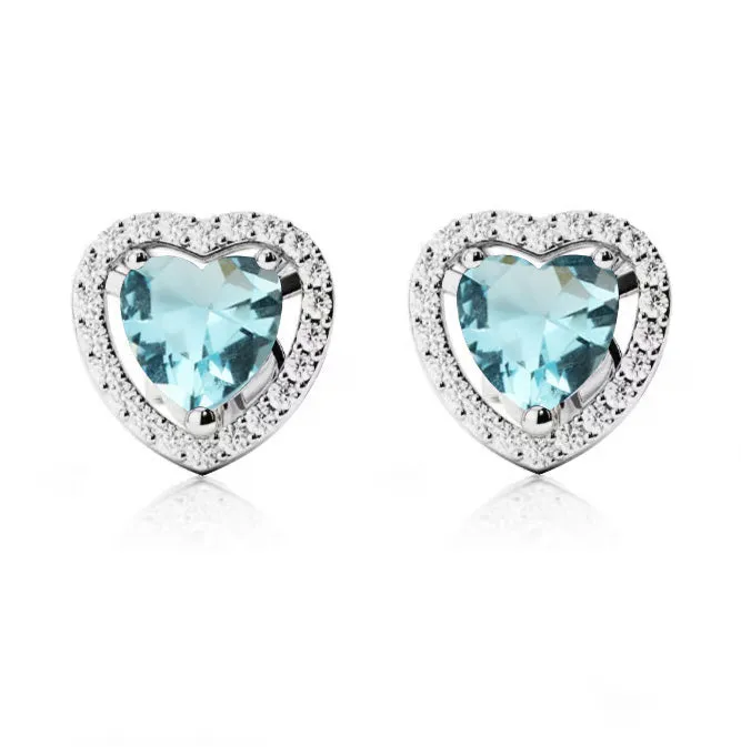 10k White Gold Plated 4 Ct Created Halo Heart Aquamarine Stud Earrings