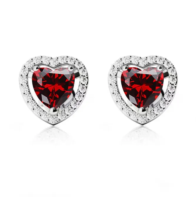 10k  White Gold Plated 4 Ct Created Halo Heart Garnet Stud Earrings