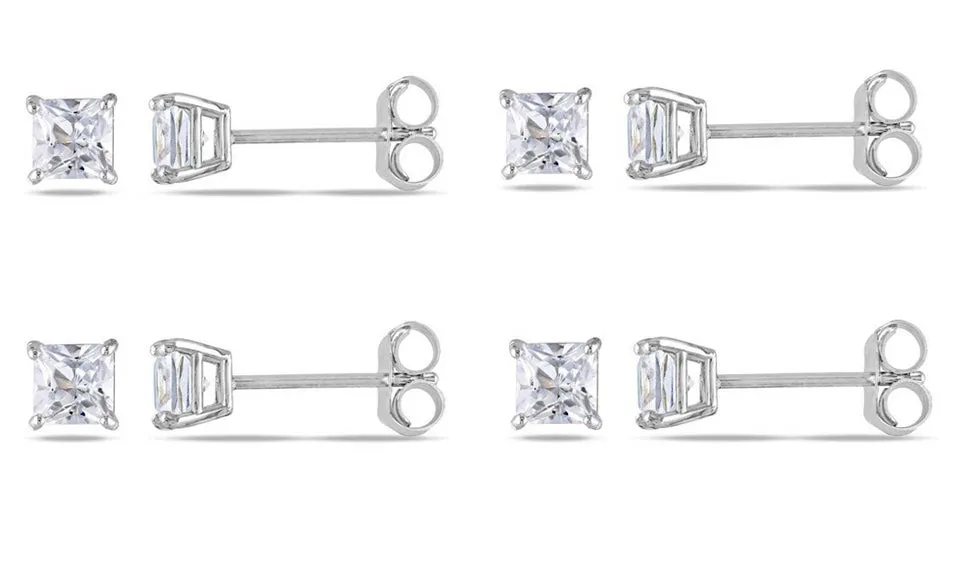 10k White Gold Plated Created White Sapphire 1/2Ct Square Cut Set of Four Stud Earrings