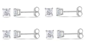 10k White Gold Plated Created White Sapphire 1/2Ct Square Cut Set of Four Stud Earrings