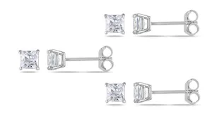 10k White Gold Plated Created White Sapphire 2Ct Square Cut Set of Three Stud Earrings