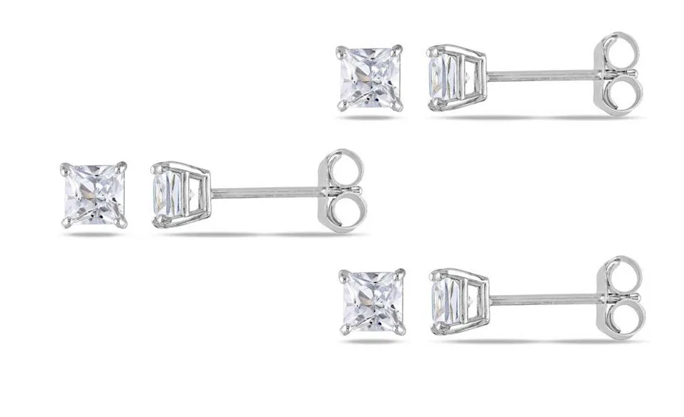 10k White Gold Plated Created White Sapphire 2Ct Square Cut Set of Three Stud Earrings