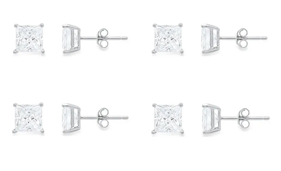 10k White Gold Plated Created White Sapphire 3Ct Princess Cut Set Of Four Stud Earrings