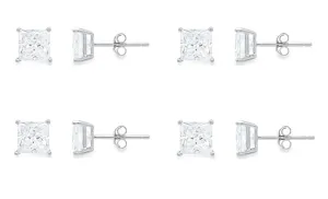 10k White Gold Plated Created White Sapphire 3Ct Princess Cut Set Of Four Stud Earrings