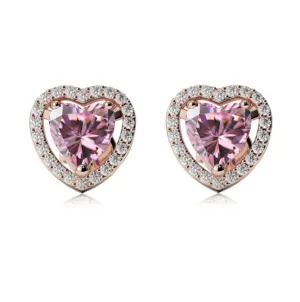 14k Rose Gold Plated 1/2 Ct Created Halo Heart Pink Sapphire Stud Earrings