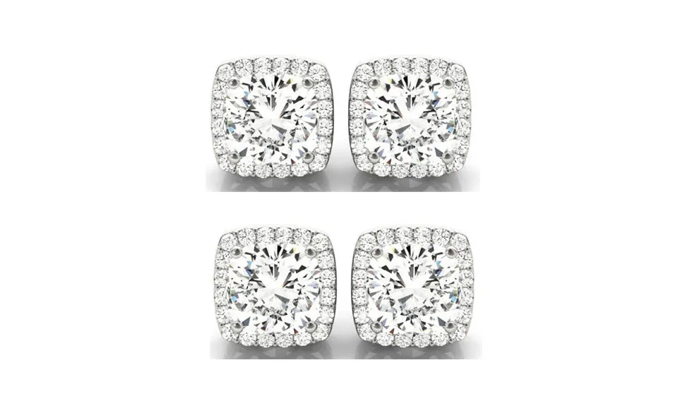 14k White Gold 6mm 1/2Ct Cushion Cut White Sapphire Set Of Two Halo Stud Earrings Plated