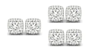 14k White Gold 6mm 1Ct Cushion Cut White Sapphire Set Of Three Halo Stud Earrings Plated