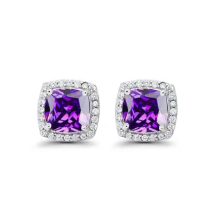 14k White Gold Plated 1 Ct Created Halo Princess Cut Amethyst Stud Earrings