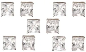 14k White Gold Plated 1/2Ct Square Cut White Sapphire Set Of Five Stud Earrings