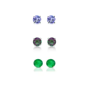 14k White Gold Plated 1Ct Created Tanzanite, Mystic Topaz and Emerald 3 Pair Round Stud Earrings