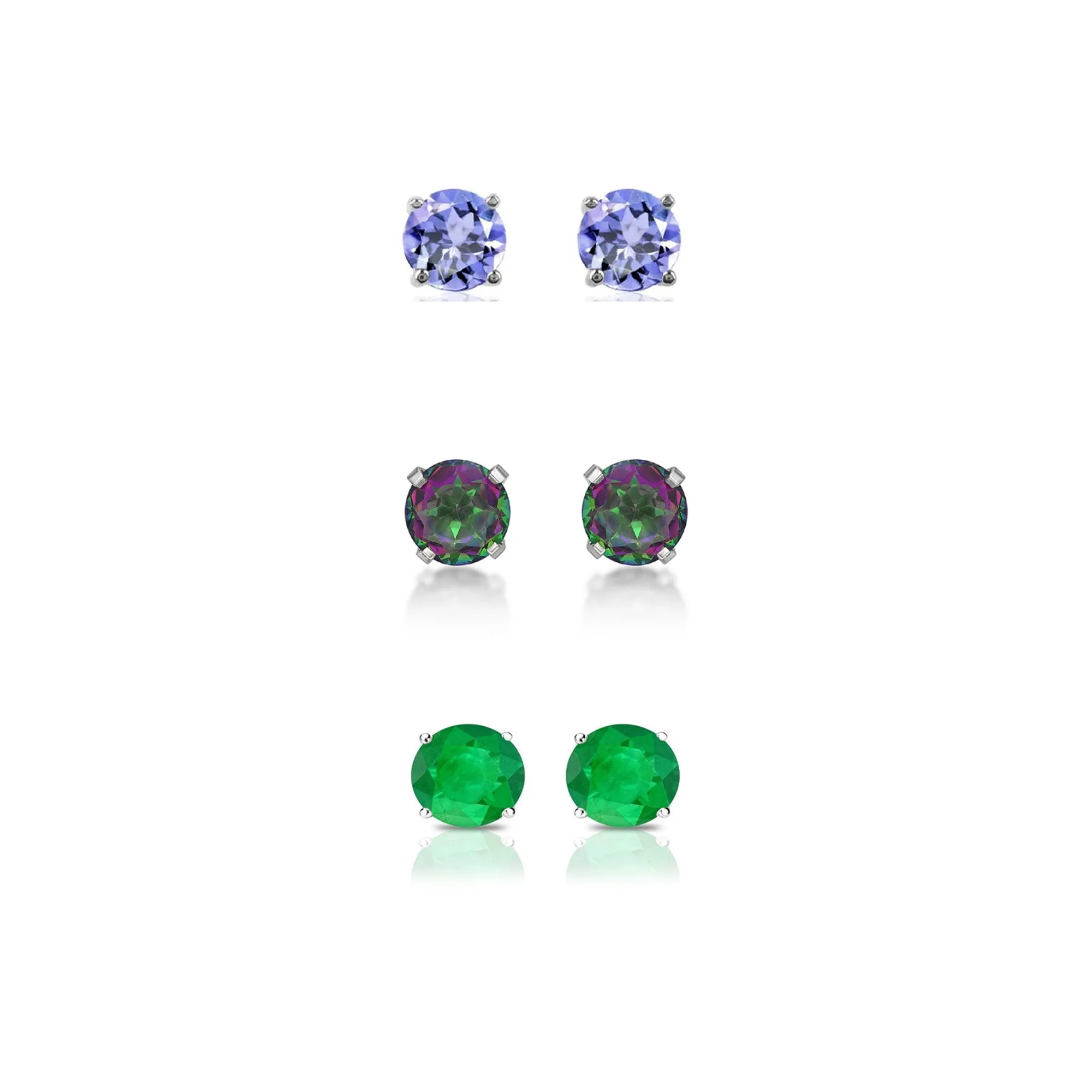 14k White Gold Plated 1Ct Created Tanzanite, Mystic Topaz and Emerald 3 Pair Round Stud Earrings