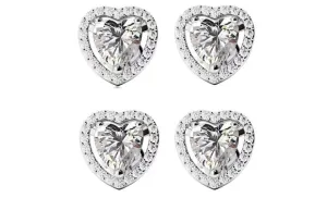 14k White Gold Plated 3Ct Heart White Sapphire Set of Two Halo Stud Earrings