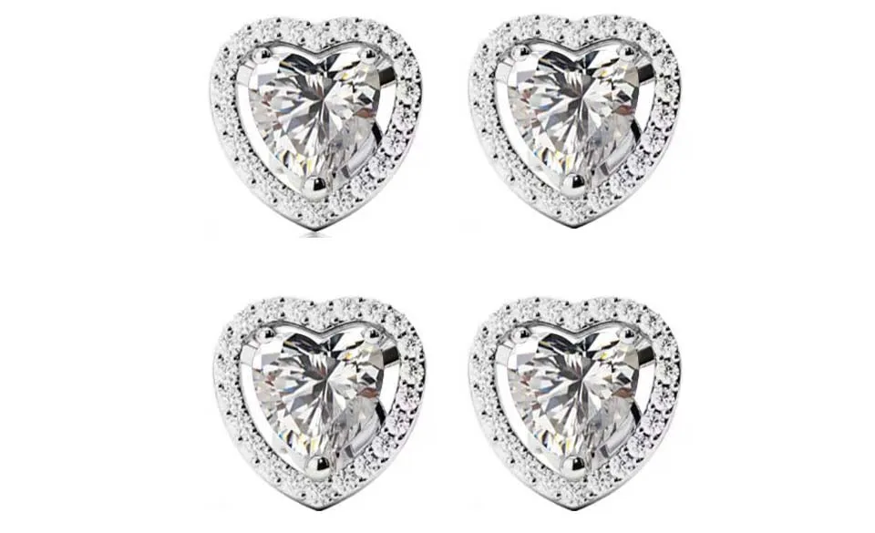 14k White Gold Plated 3Ct Heart White Sapphire Set of Two Halo Stud Earrings