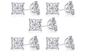 14k White Gold Plated 4Ct Princess Cut White Sapphire Set Of Five Stud Earrings