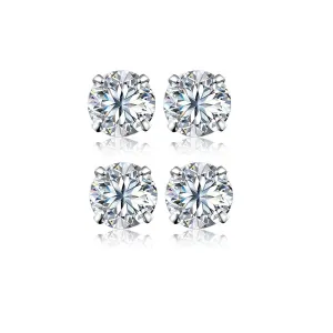 14k White Gold Plated 4mm 1Ct Round White Sapphire Set Of Two Stud Earrings