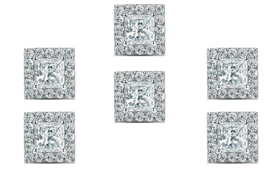 14k White Gold Plated 6mm 1Ct Princess Cut White Sapphire Set of Three Halo Stud Earrings