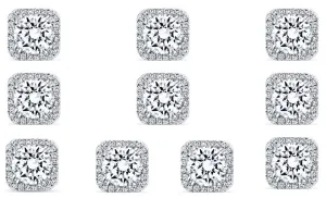 14k White Gold Plated 6mm 2Ct Square Cut White Sapphire Set of Five Halo Stud Earrings