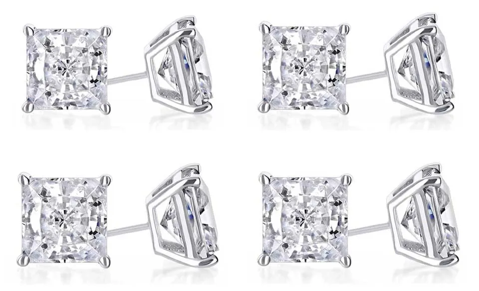 14k White Gold Plated 6mm 3Ct Princess Cut White Sapphire Set Of Four Stud Earrings