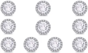 14k White Gold Plated 6mm 4Ct Round White Sapphire Set Of Five Halo Stud Earrings