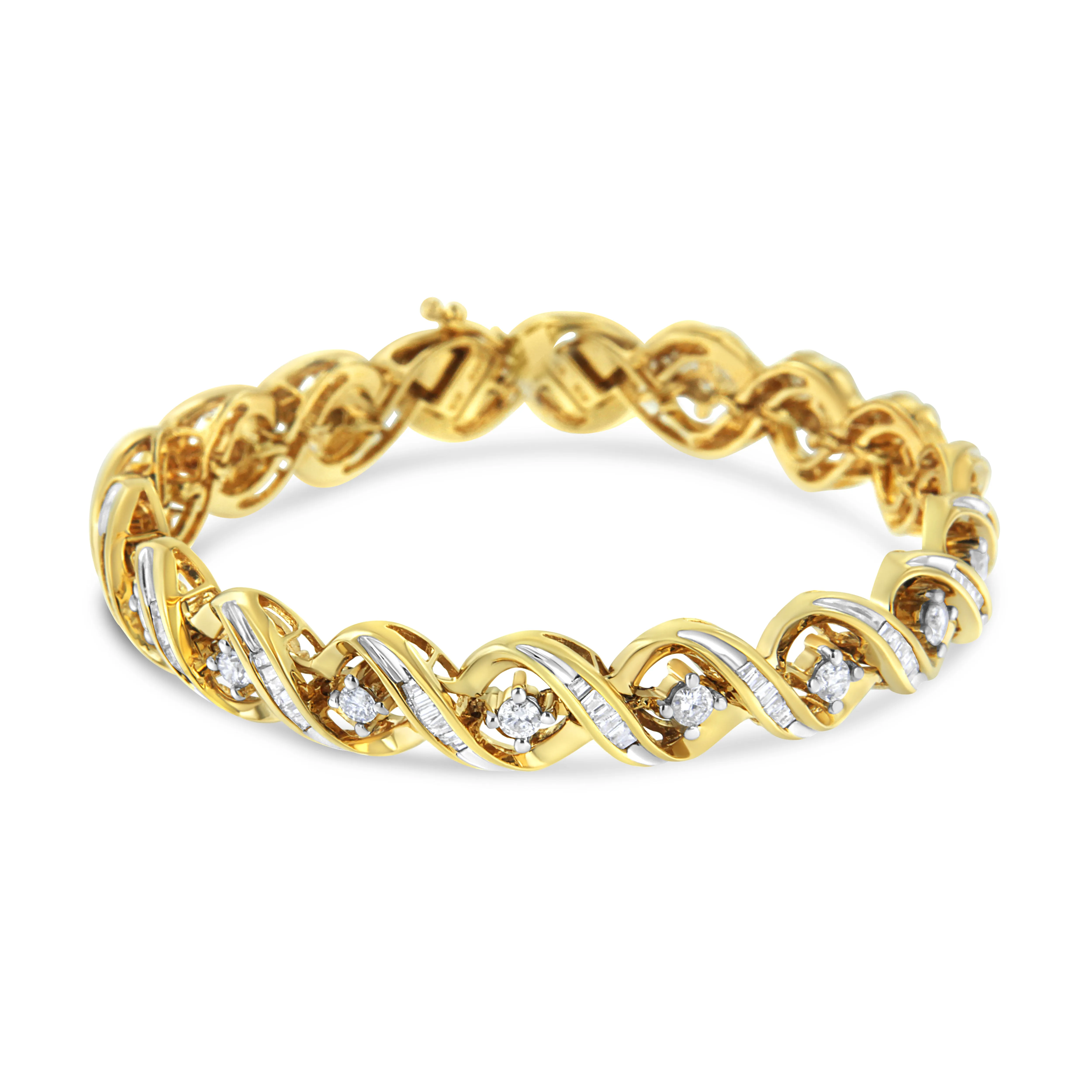 14K Yellow and White Gold 3.0 Cttw Round and Baguette-Cut Diamond Infinity Swirl Link Bracelet