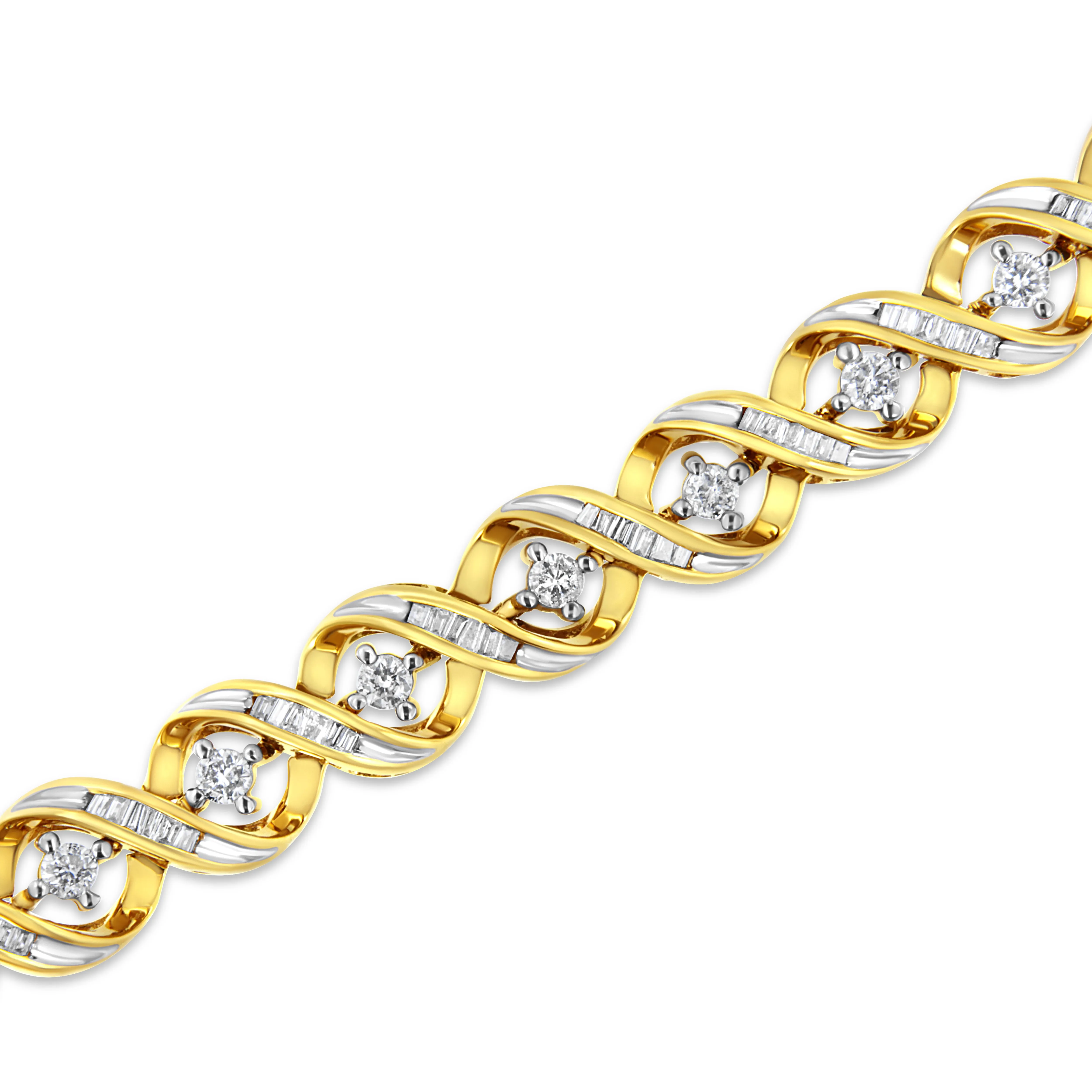 14K Yellow and White Gold 3.0 Cttw Round and Baguette-Cut Diamond Infinity Swirl Link Bracelet