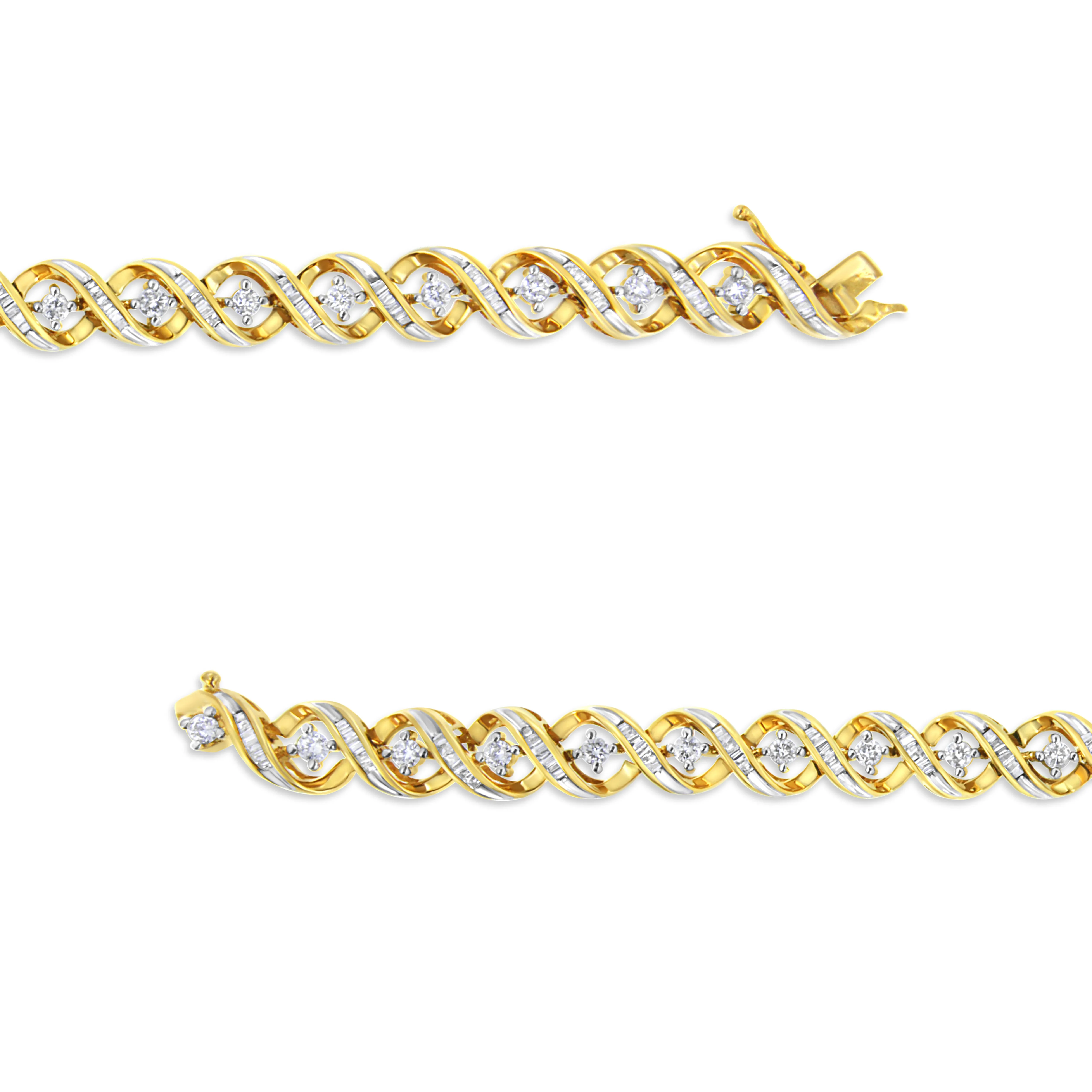 14K Yellow and White Gold 3.0 Cttw Round and Baguette-Cut Diamond Infinity Swirl Link Bracelet