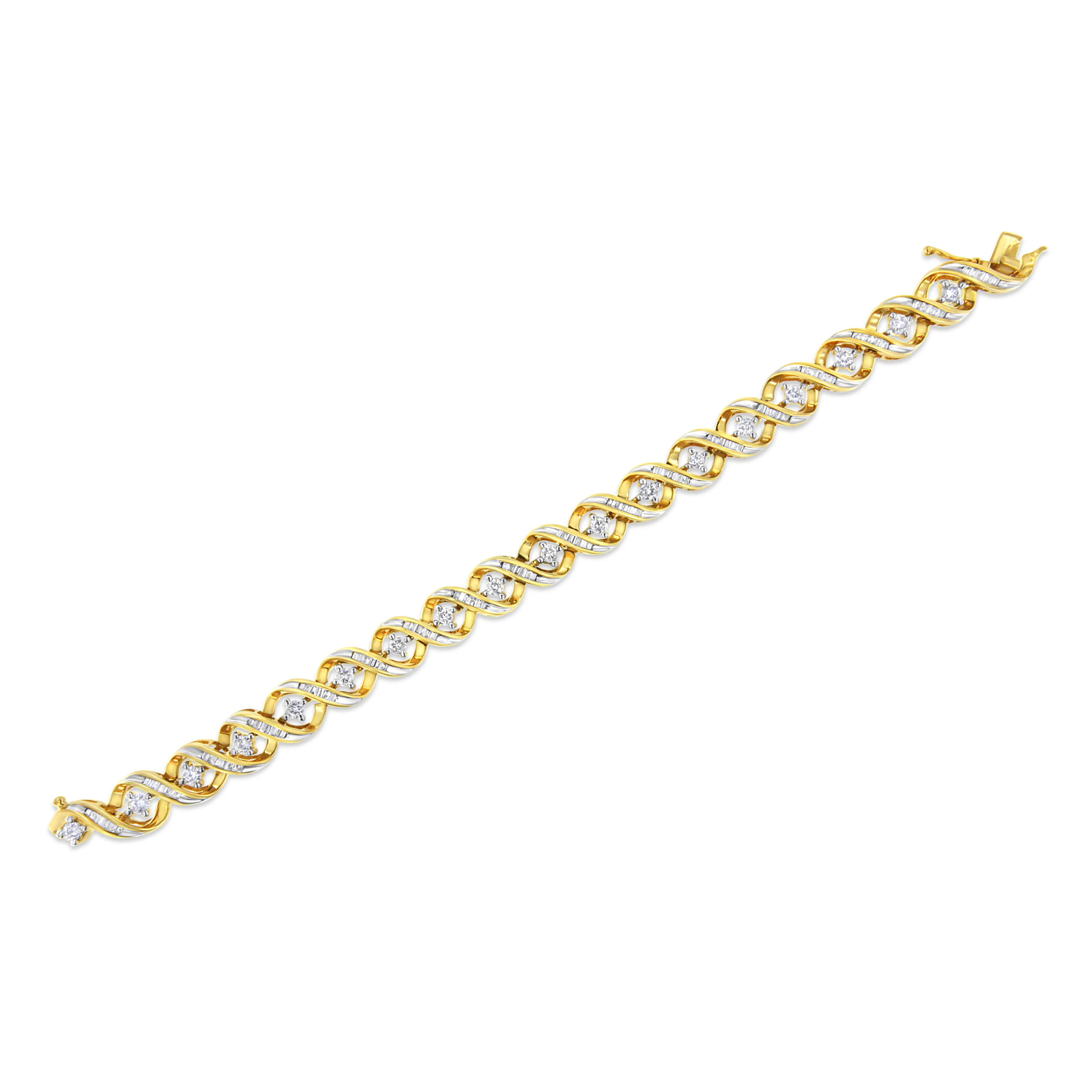 14K Yellow and White Gold 3.0 Cttw Round and Baguette-Cut Diamond Infinity Swirl Link Bracelet