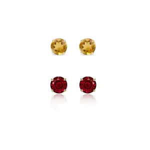 14k Yellow Gold Plated 4Ct Created Citrine and Garnet 2 Pair Round Stud Earrings