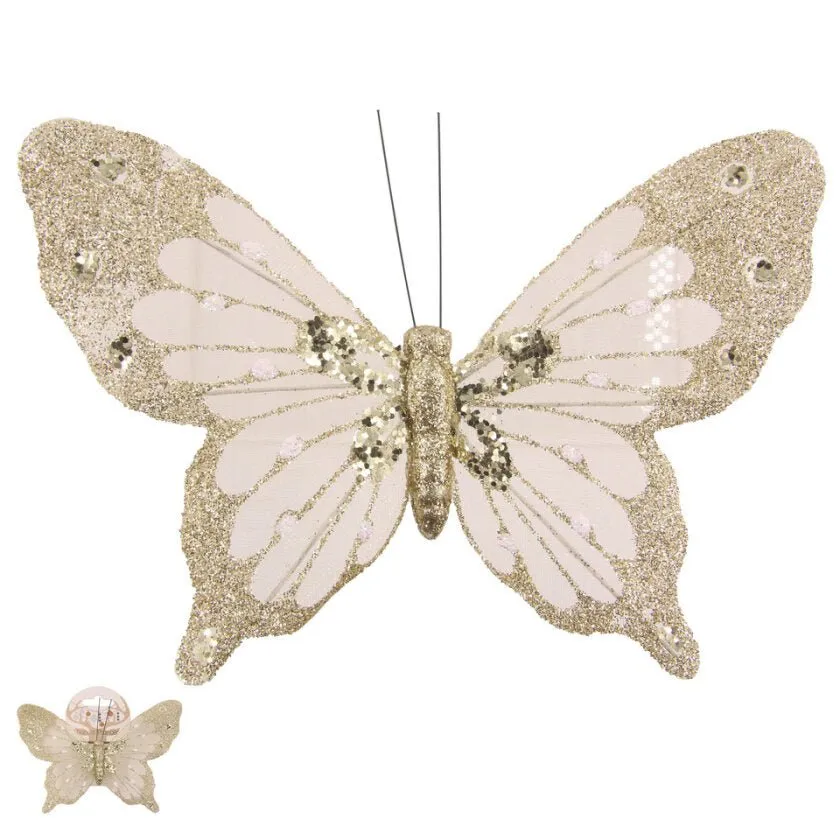 16cm Gold Glitter Butterfly with Clip Christmas Tree Ornament