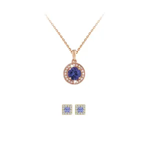 18K Rose Gold 1/2ct Halo Tanzanite Round 18 Inch Necklace and Halo Square Earrings Set Plated