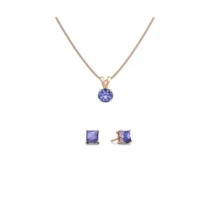 18K Rose Gold 1ct Tanzanite Round 18 Inch Necklace and Square Earrings Set Plated