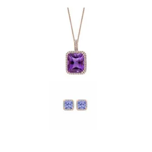 18K Rose Gold 3ct Halo Tanzanite Square 18 Inch Necklace and Halo Earrings Set Plated