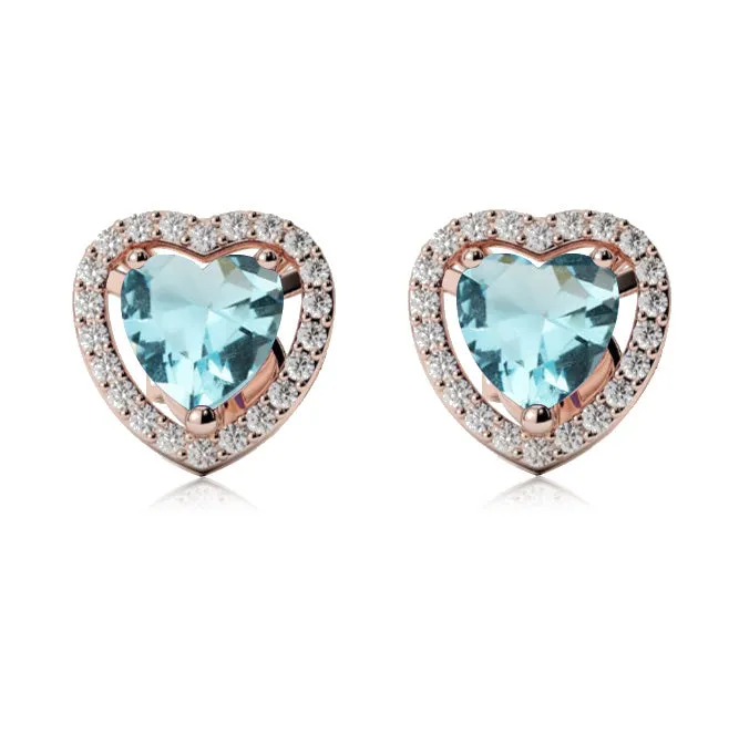 18k Rose Gold Plated 1 Ct Created Halo Heart Aquamarine Stud Earrings