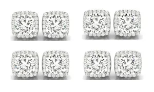 18k White Gold 4mm 2Ct Cushion Cut White Sapphire Set Of Four Halo Stud Earrings Plated