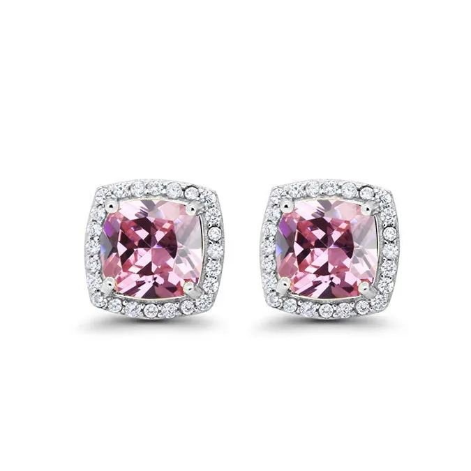 18k White Gold Plated 1/2 Ct Created Halo Princess Cut Pink Sapphire Stud Earrings