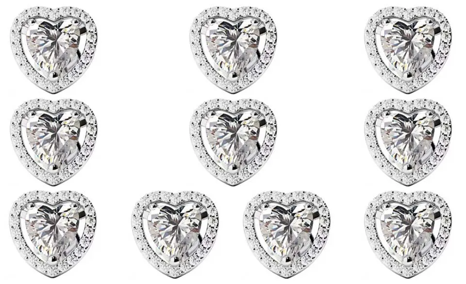 18k White Gold Plated 1Ct Heart White Sapphire Set of Five Halo Stud Earrings