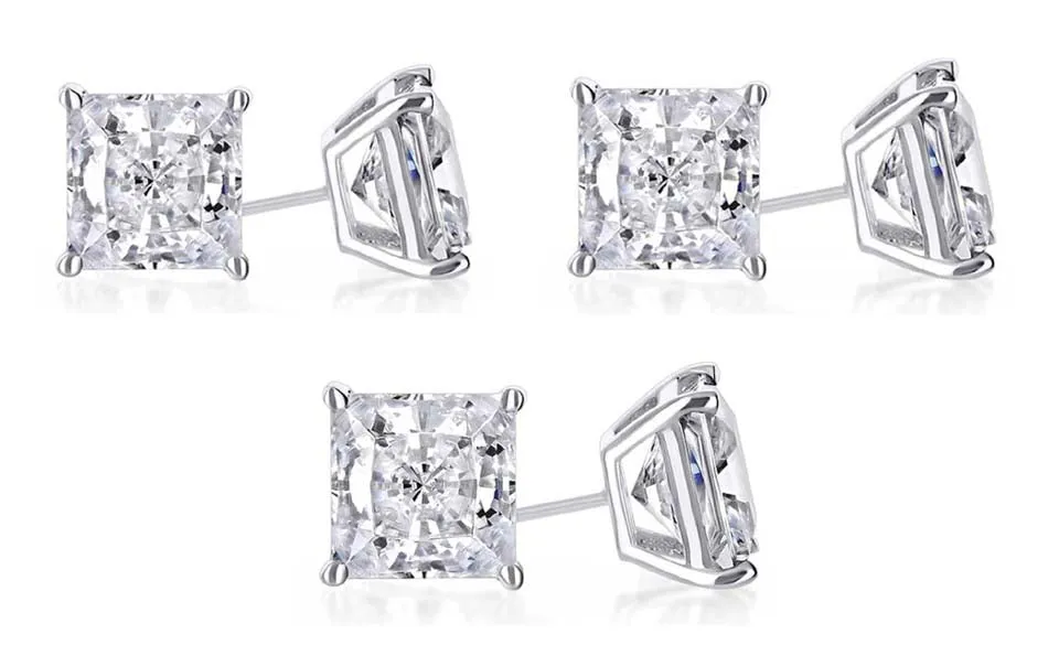 18k White Gold Plated 1Ct Princess Cut White Sapphire Set Of Three Stud Earrings