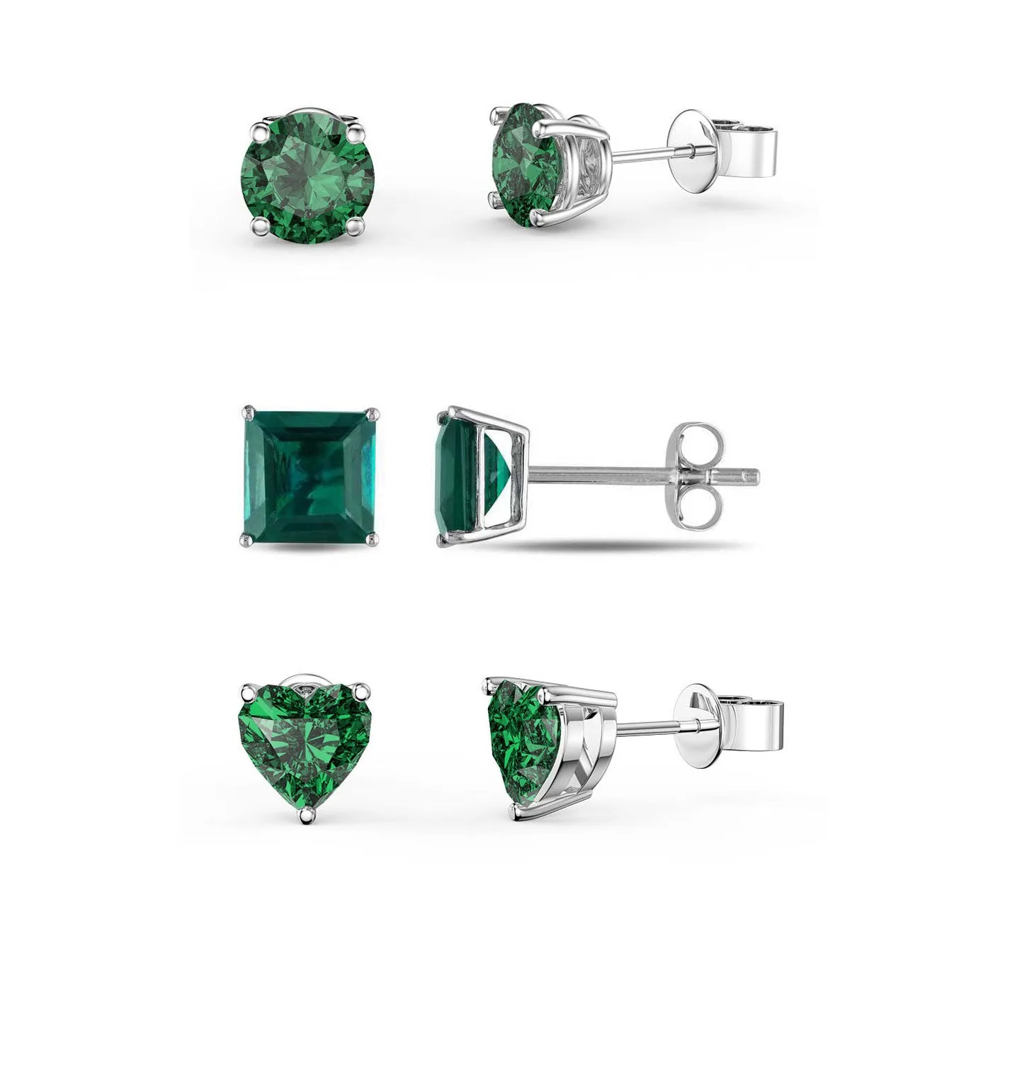 18k White Gold Plated 1Cttw 7mm Created Emerald 3 Pair Round, Square and Heart Stud Earrings