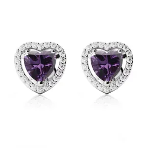 18k White Gold Plated 3 Ct Created Halo Heart Amethyst Stud Earrings