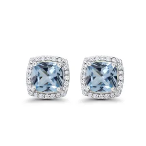 18k White Gold Plated 4 Ct Created Halo Princess Cut Aquamarine Stud Earrings