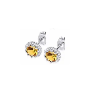 18k White Gold Plated 4 Ct Created Halo Round Citrine Stud Earrings