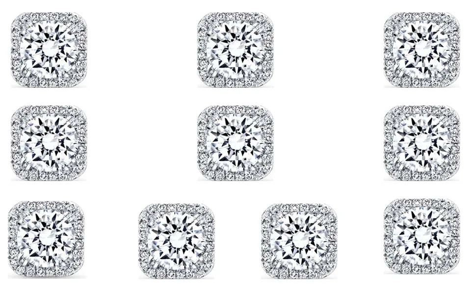 18k White Gold Plated 4Ct Square Cut White Sapphire Set of Five Halo Stud Earrings