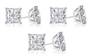 18k White Gold Plated 4mm 1Ct Princess Cut White Sapphire Set Of Three Stud Earrings