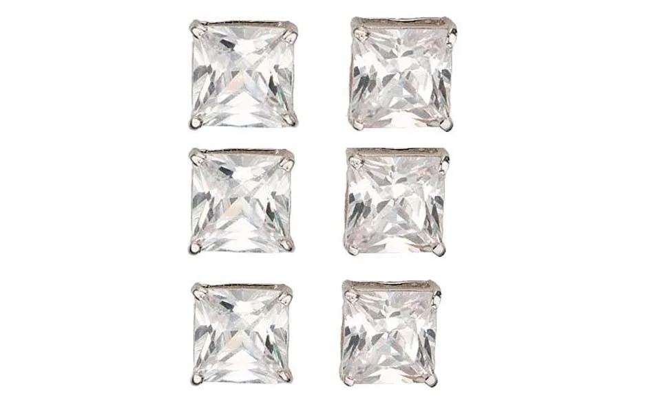 18k White Gold Plated 4mm 2Ct Square Cut White Sapphire Set Of Three Stud Earrings