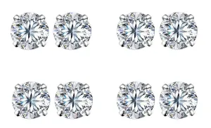 18k White Gold Plated 4mm 4Ct Round White Sapphire Set Of Four Stud Earrings