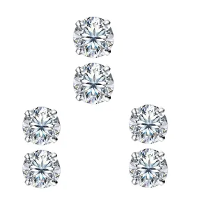 18k White Gold Plated 4mm 4Ct Round White Sapphire Set Of Three Stud Earrings