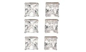 18k White Gold Plated 4mm 4Ct Square Cut White Sapphire Set Of Three Stud Earrings