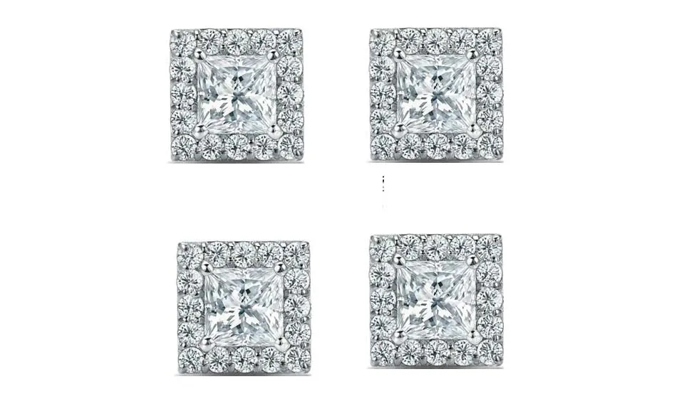 18k White Gold Plated 6mm 1Ct Princess Cut White Sapphire Set of Two Halo Stud Earrings